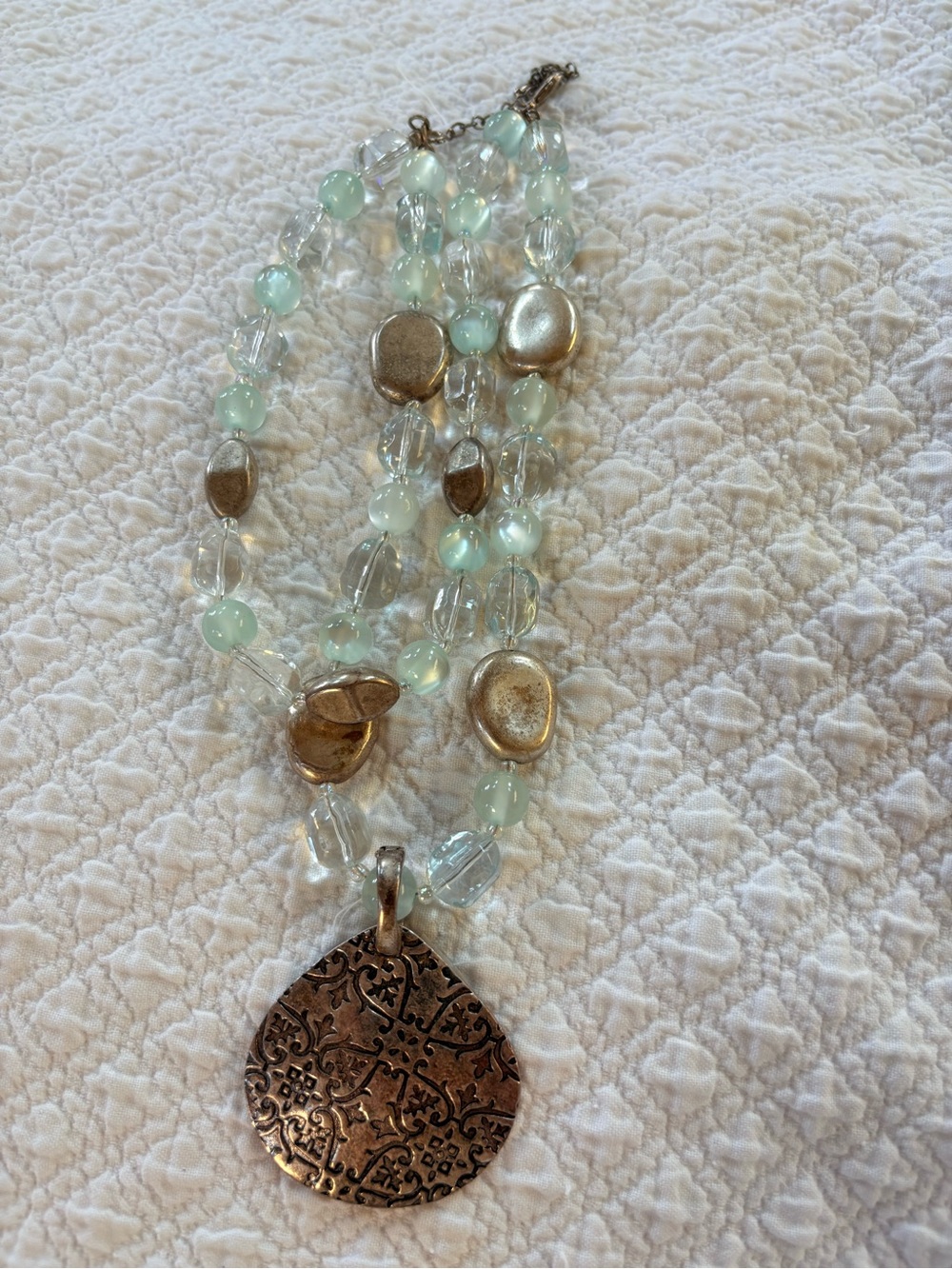Aqua Green Necklace Multi-Stone Silver Pendant Statement Dual Strand